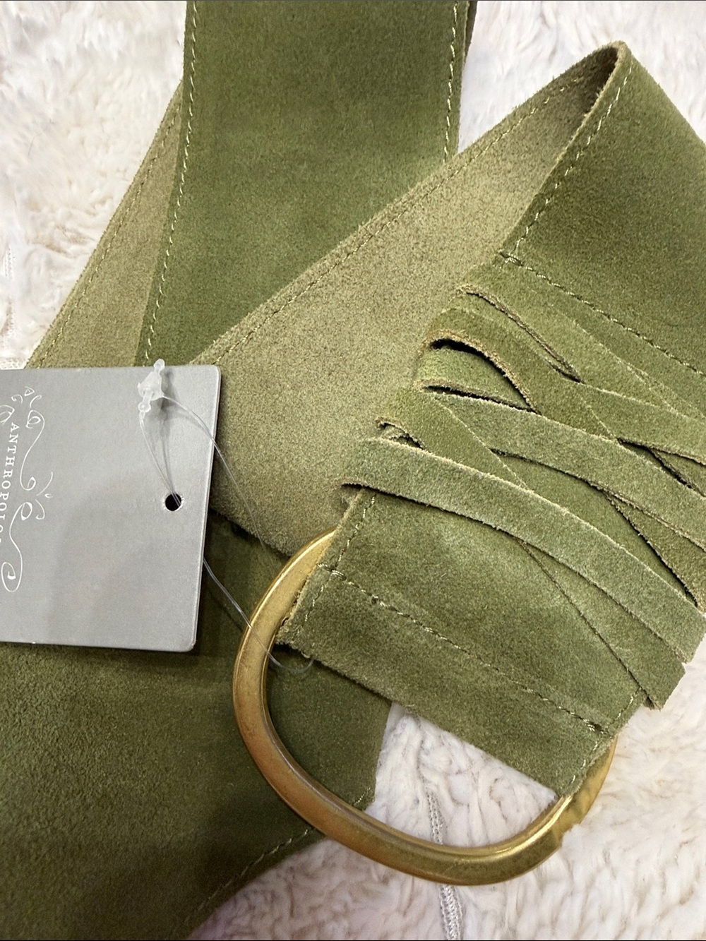 Anthropologie Olive Suede Belt with Gold Ring Accent